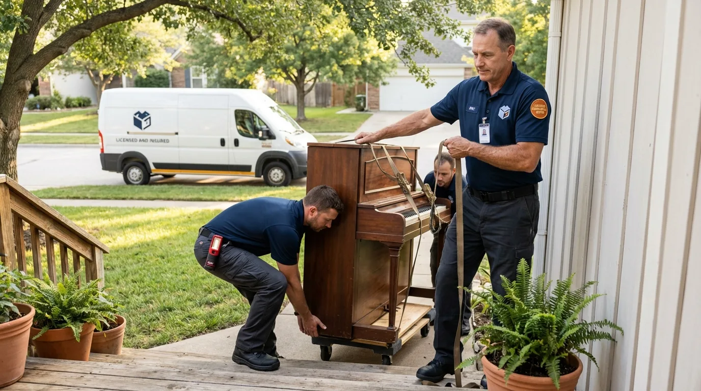 Licensed piano movers securing grand piano in Rector, AR