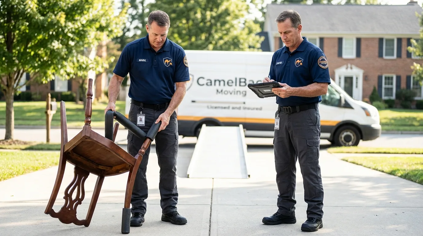 Movers inspecting furniture for damage prevention before loading in Rector, AR