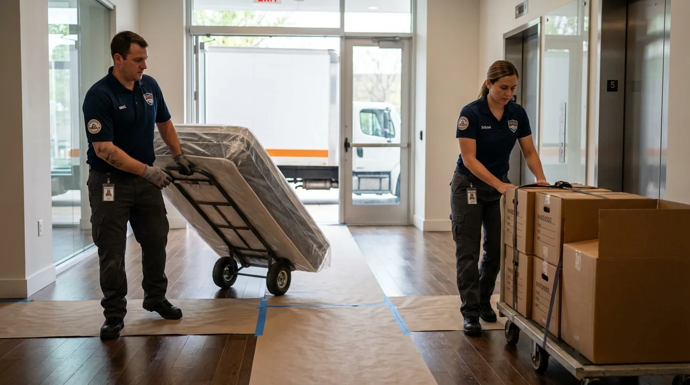 Professional apartment movers loading elevator in Rector, AR