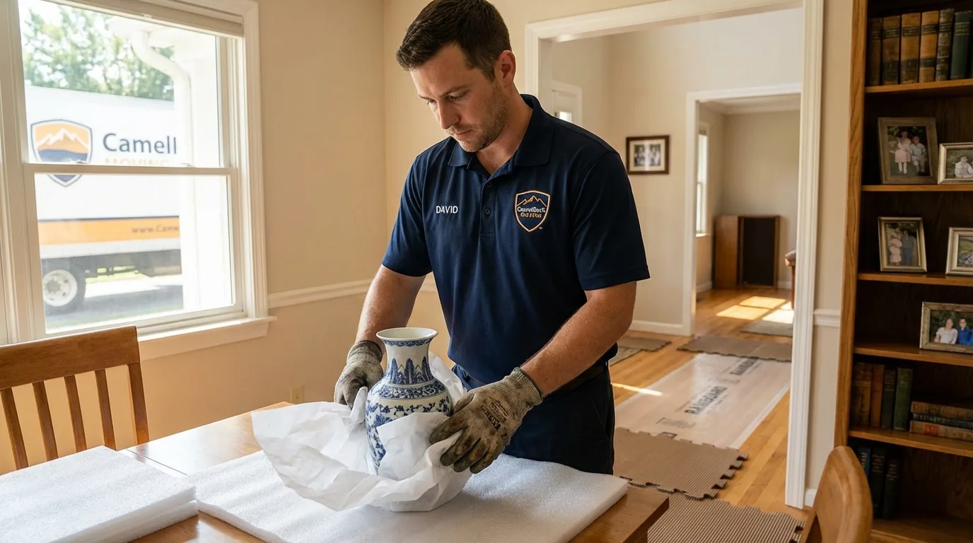 Professional crew carefully wrapping antique vase for senior downsizing move in Rector, AR