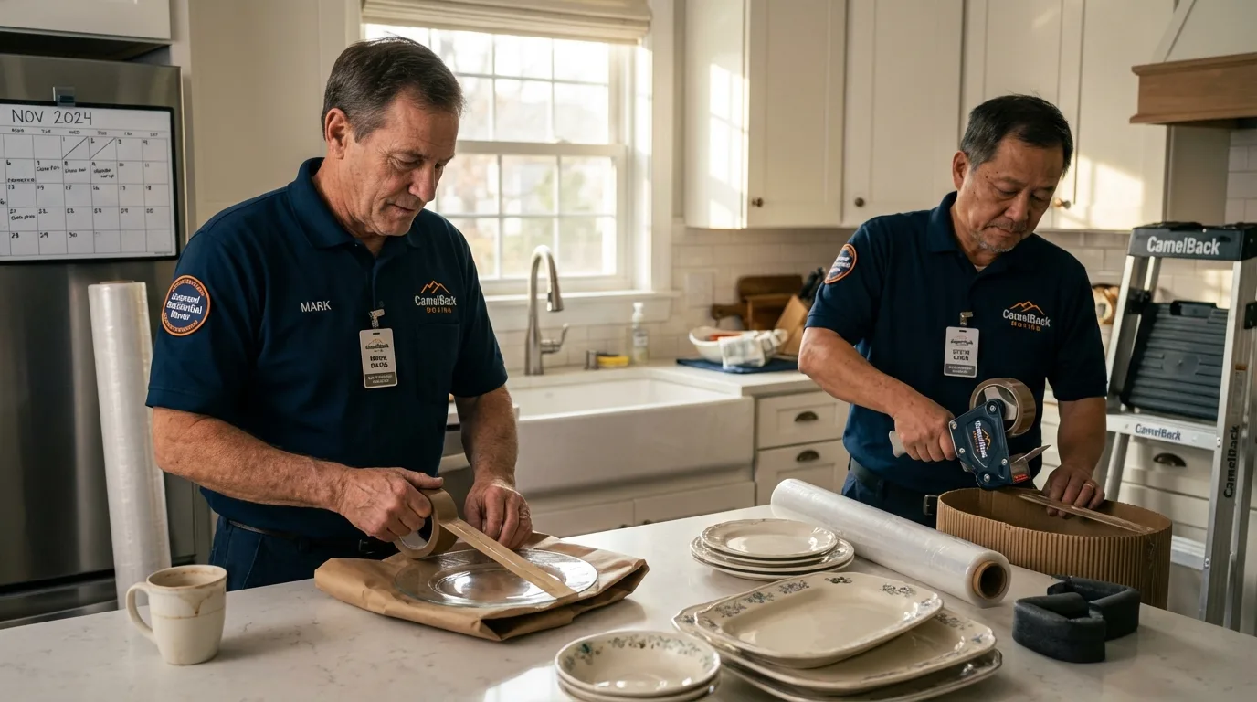 Professional crew packing kitchen dishware in Rector, AR